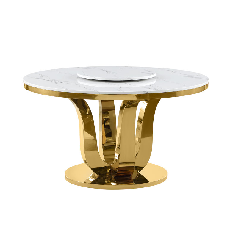 Keadra Round White Marble Dining Table with Lazy Susan and Gold Stainless Steel
