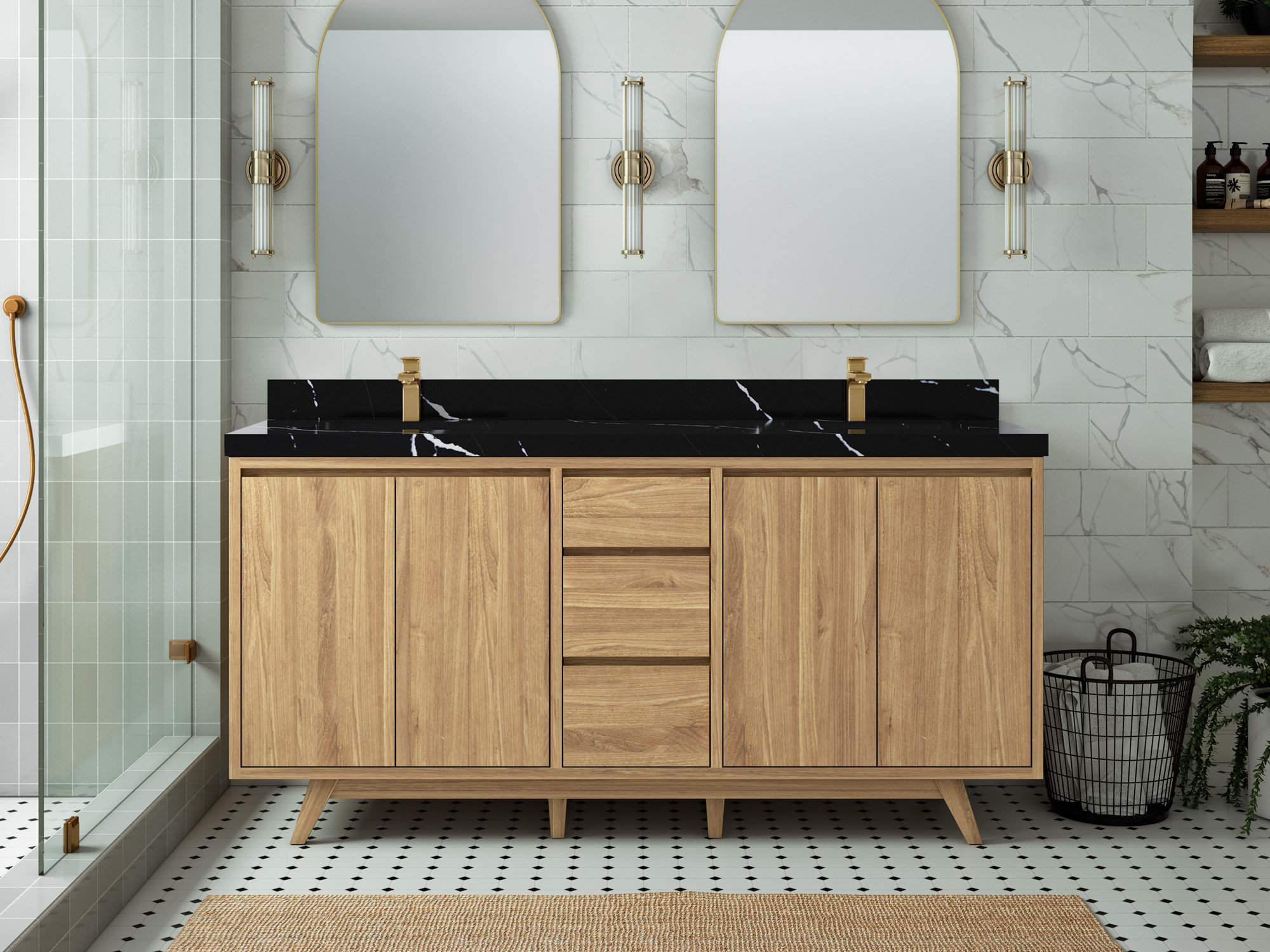 Akright 72 Double Bathroom Vanity Set Everly Quinn Base Finish: Light Brown, Top Finish: Black