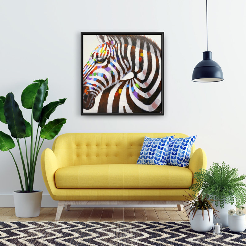 Zèbre coloré - Art contemporain sur toile encadré blanc pour la décoration intérieure, H 25,25 po x l 25,25 po