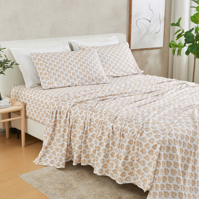 Ensemble de draps en coton et rayonne de bambou, Floral pêche, Ensemble de draps pour taille de lit grand avec tr