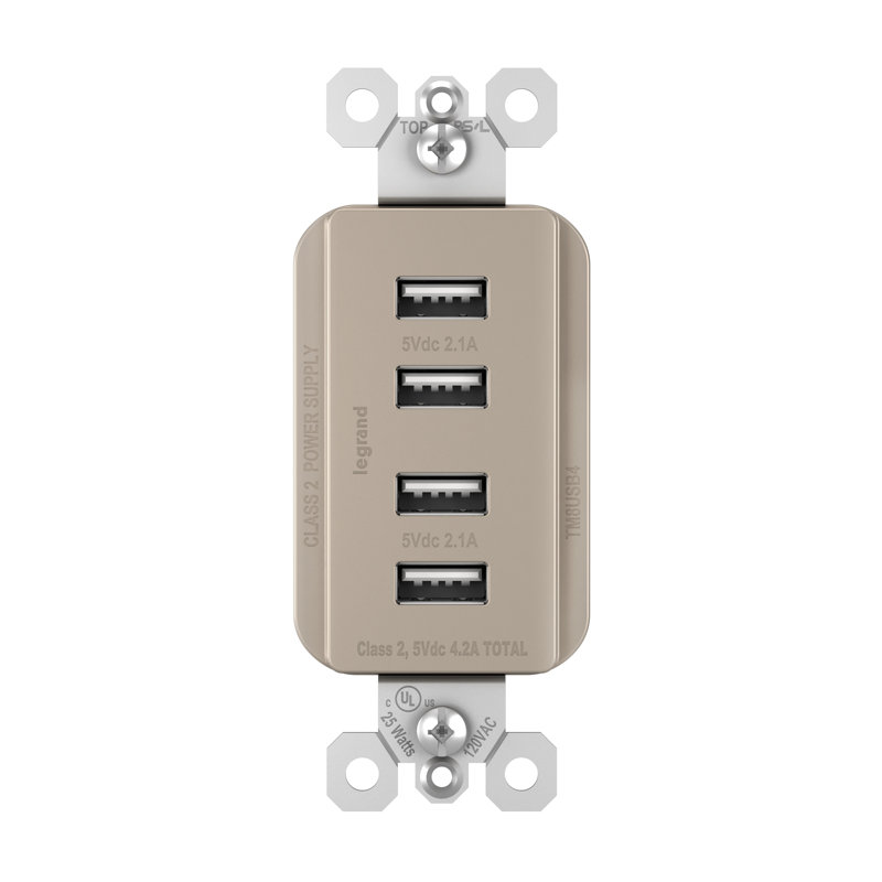 Radiant 4.2A Quad USB Type A Outlet, Nickel