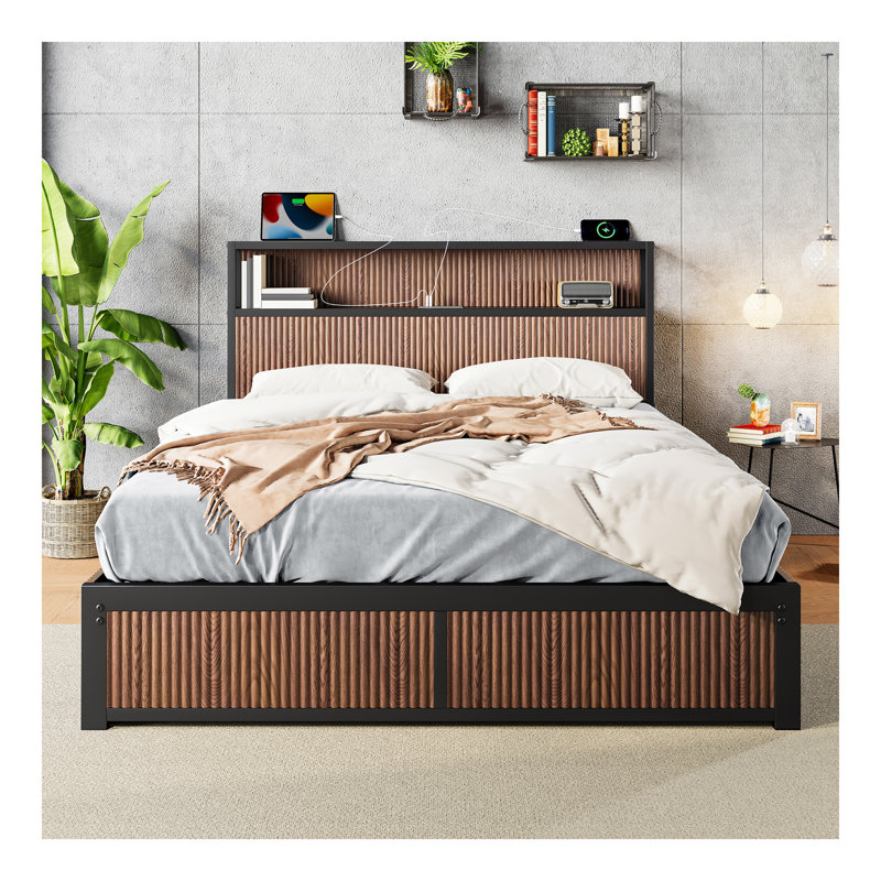Large Raised-Pattern Storage Bed Frame, Wooden Platform Bed Frame With Multiple Drawer Storage Function, Bedside Socket, Brown Wood (Queen)