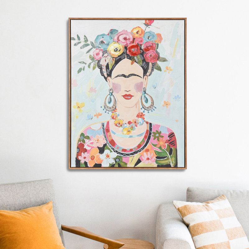 Boho Frida - Art mural portrait de femme peint à la main en acrylique - Cadre en bois naturel