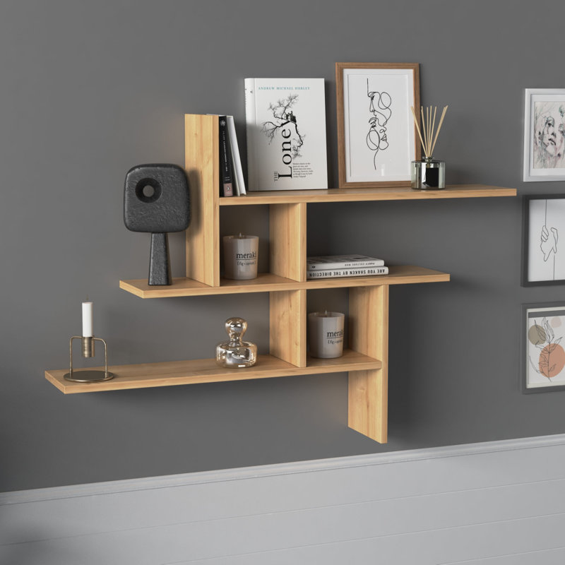 Modern Wall Shelf, Oak Color, 46.5 x 32.3 x 7.9 inches | 100% Melamine Coated Particle Board, Thickness: 0.7 inches | Numerous Shelves, Wall-Mountable Design for Stylish Storage & Display in Home or Office