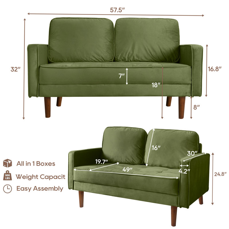 Muneef Corvettta 57.5"  square armrest pull-button double velvet couch, Army Green