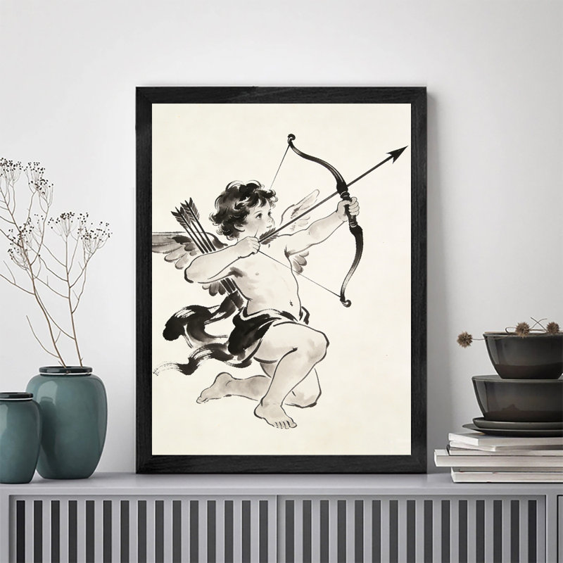 Reproduction d'art encadrée noire "Cupidon tenant un arc et une flèche", impression sur le thème de la Saint-Valentin