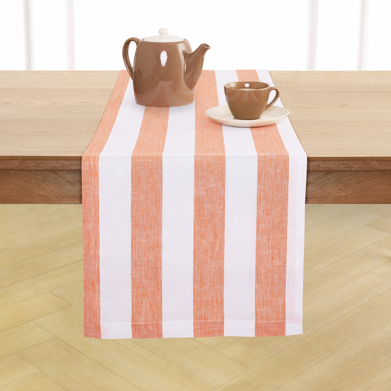Cabana Stripe - 100% Pure Linen Table Runner, 72" x 14", Orange/White