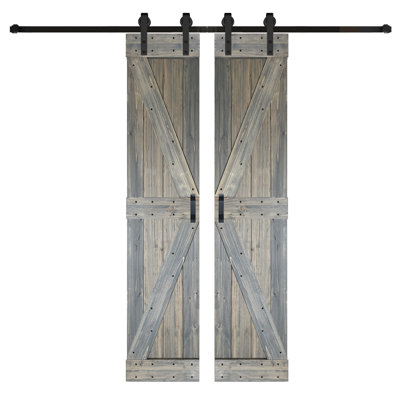 Porte de grange coulissante double en bois massif 42 po x 84 po (21 po x 84 po / ch x 2) avec trousse de quincaillerie d'installation - Assemblage requis