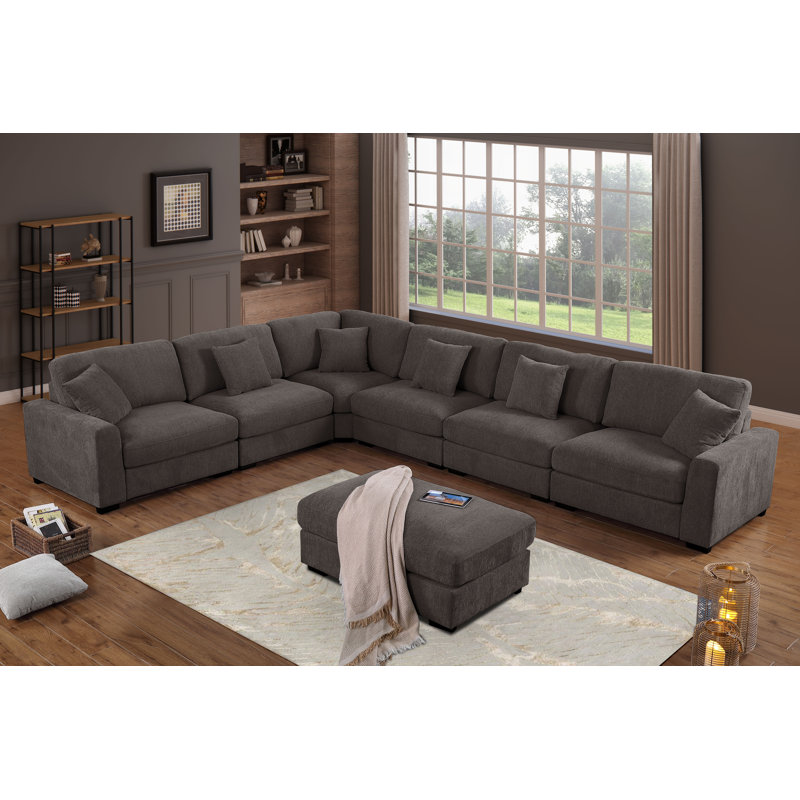 Canapé modulaire en coin 7 pièces avec repose-pieds réversible en chenille 9 pièces Chenille, Polyester gris foncé khailey