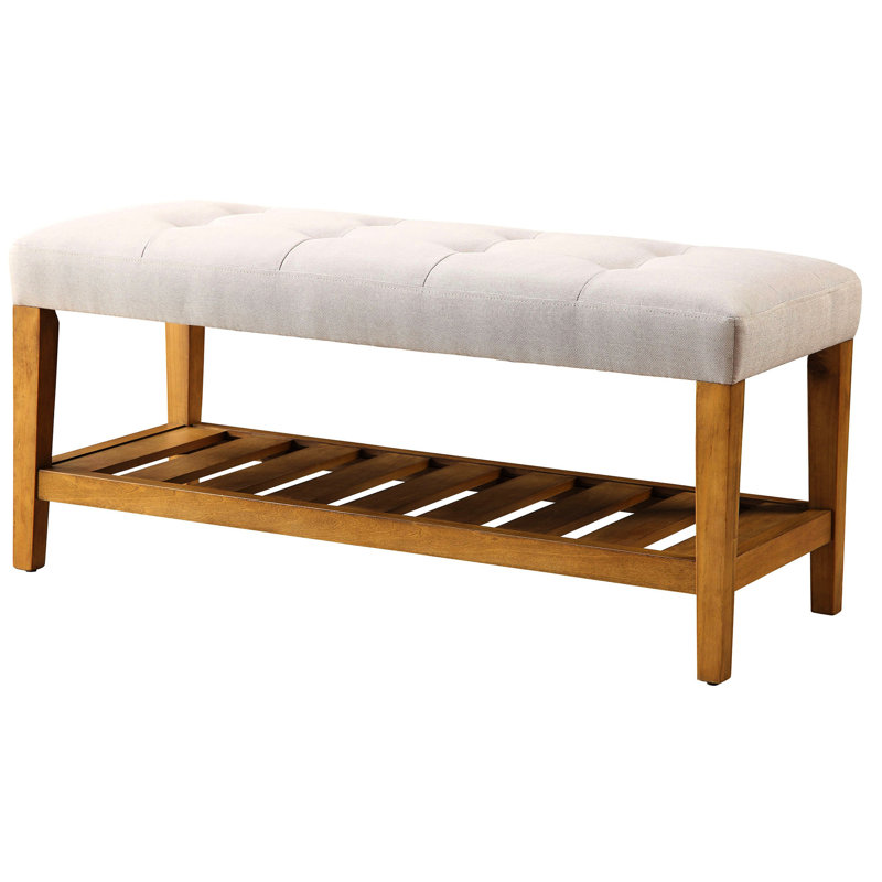 Banc moderne gris et chêne avec tablettes de siège confortables et cadre de rangement rembourré