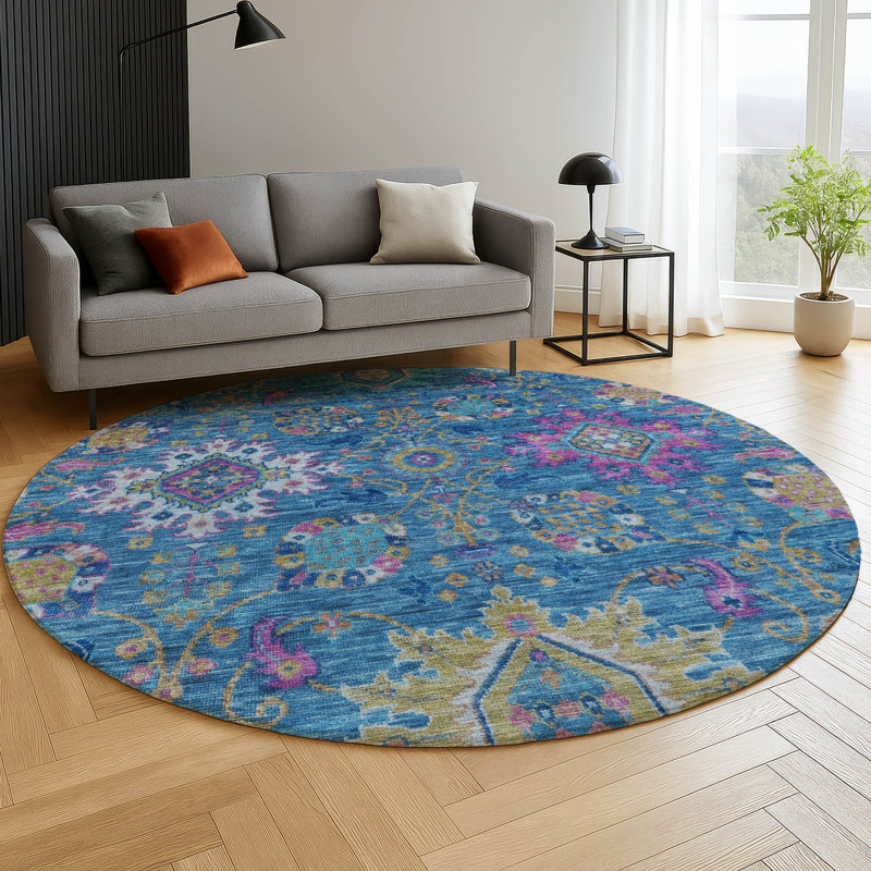 Premium Machine Washable Mayfield AMF2151 medallions Rug, Blue, Round 8'