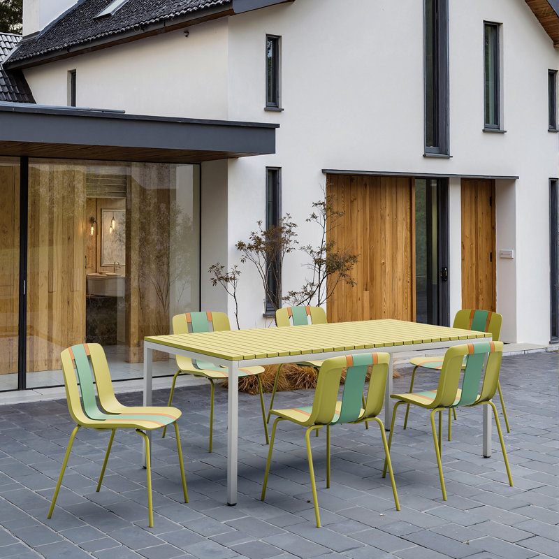 Holiday - 4-Pack Modern Striped Color Block Chairs – Indoor/Outdoor PP Plastic Seat & Sturdy Metal Legs, Vibrant Yellow, Orange, Green – For Living Room, Balcony, Café, Terrace