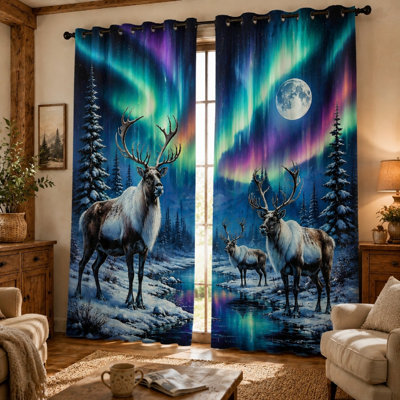 2Pcs Vivid Aurora Borealis imprimé renne bloquant les rideaux du soleil, scène de forêt majestueuse, paysage naturel d'hiver, décoration intérieure élégante pour salon, chambre à coucher