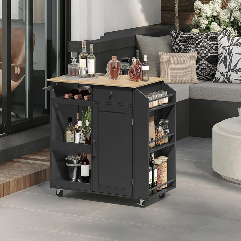 Chariot de cuisine à roulettes avec prise électrique, tiroir de rangement, étagère à épices et casier à vin