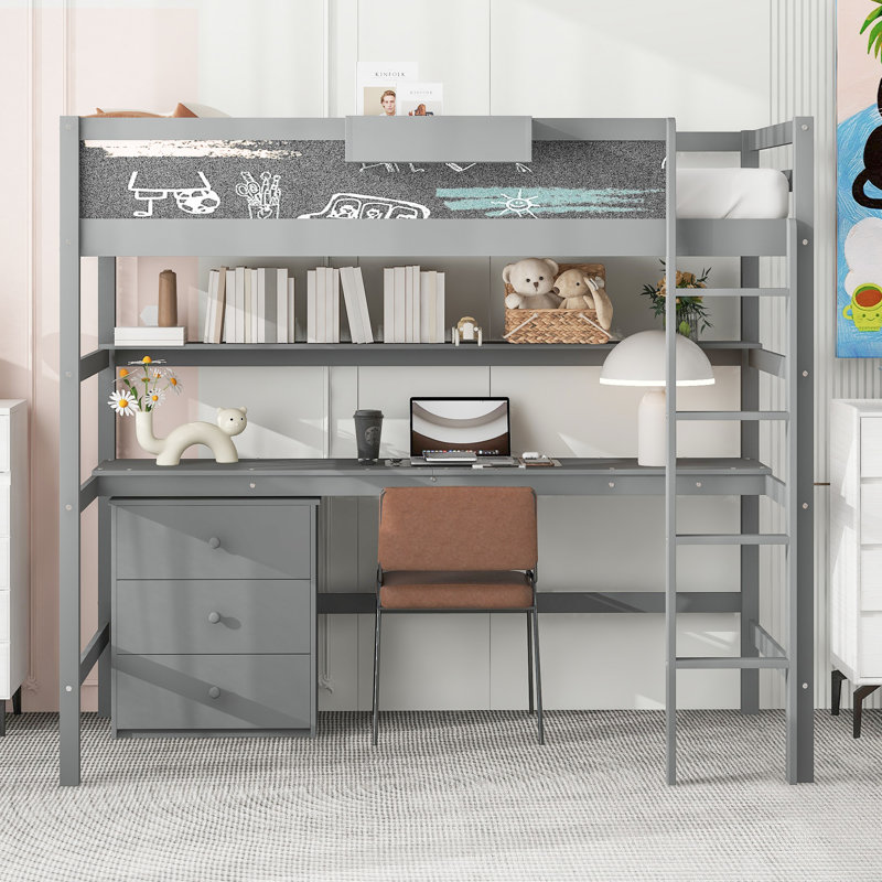 Wood Twin Size Loft Bed With Desk, Blackboard, Storage Box, Shelf And 3 Drawers, Grey, Gris