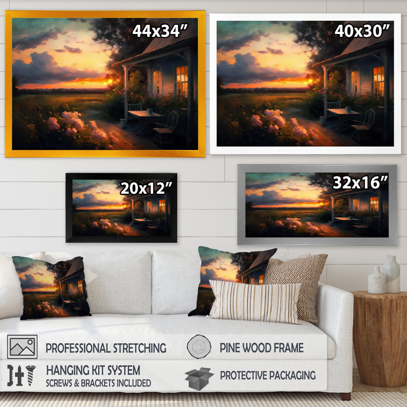 «Warm Summer Sunset at the Cottage Porch», reproduction sur toile, Impression noire sur toile encadrée
