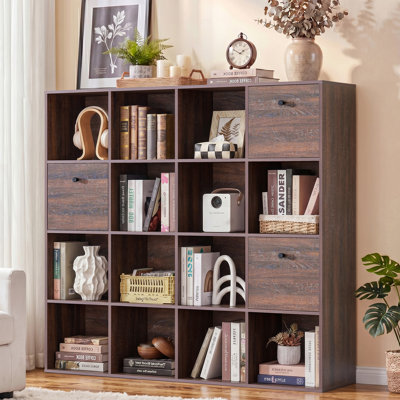 Organisateur de rangement modulaire 16 cubes avec tiroirs en tissu, bibliothèque en bois rustique noyer et paravent individuel