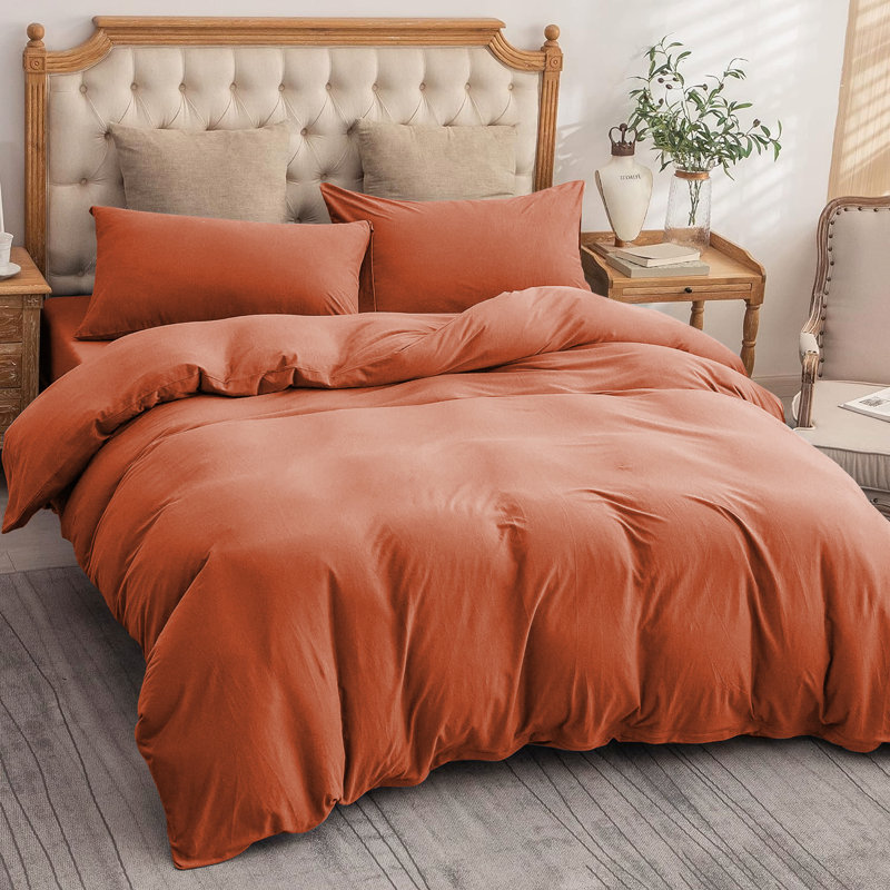 Nitzy Super Soft Reversible Plain Duvet Cover with Pillowcases, UK Single - DE 137 x 200 cm, Rust