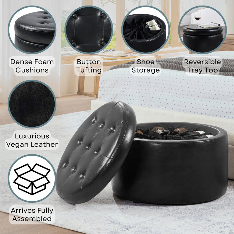 Stansell 22" Wide Tufted Round Storage Ottoman, Black Faux Leather