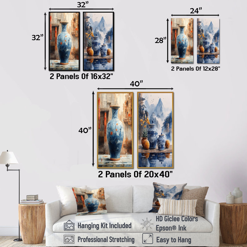 China S Edge Of Wonder Chinoiserie Pottery III - Boho Pottery Decor Wall Art 2 Pieces Set, H 28 po x l 24 po