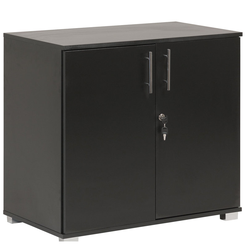 Marjorie Wood Storage Cabinet with Lock, 2 Door Locking File Tool Cabinet Cupboard with Adjustable Shelf, Black