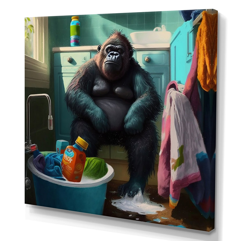 Drôle de singe faisant la lessive - animaux, art mural sur toile, H 30 po x l 30 po x P 1 po