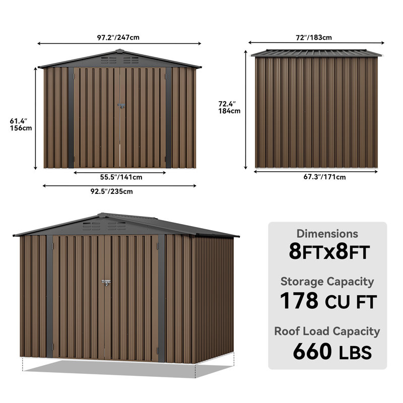Remise de rangement en métal l 8 pi x P 6 pi, Brun