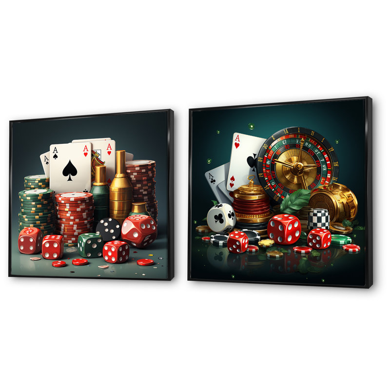Ensemble d'icônes de jeu de casino «Poker I - Casinos / Race Tracks», H 36 po x l 73 po x P 1,5 po, Cadre flottant noir