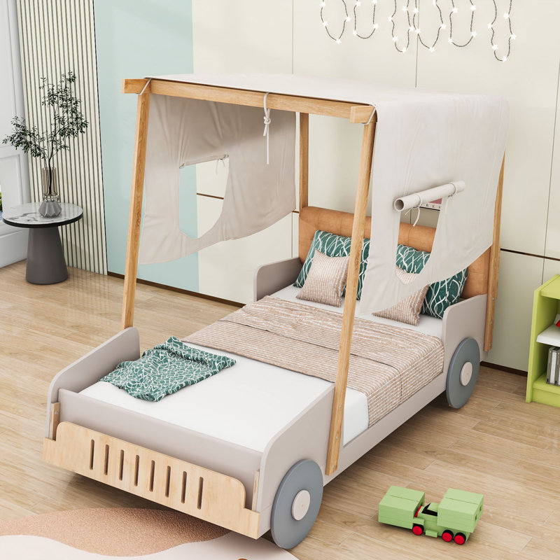 Jainy Wood Bed with Shelf and LED, Twin