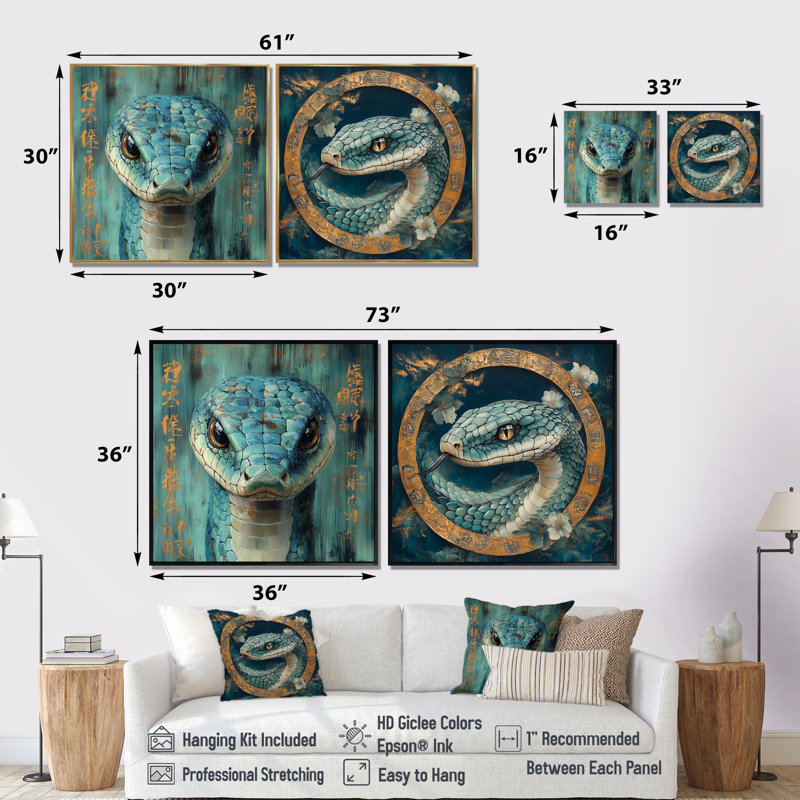 Signe chinois, serpent, sinueuse sagesse I - art mural animal serpent - ensemble d'art mural moderne 2 pièces, Blanc