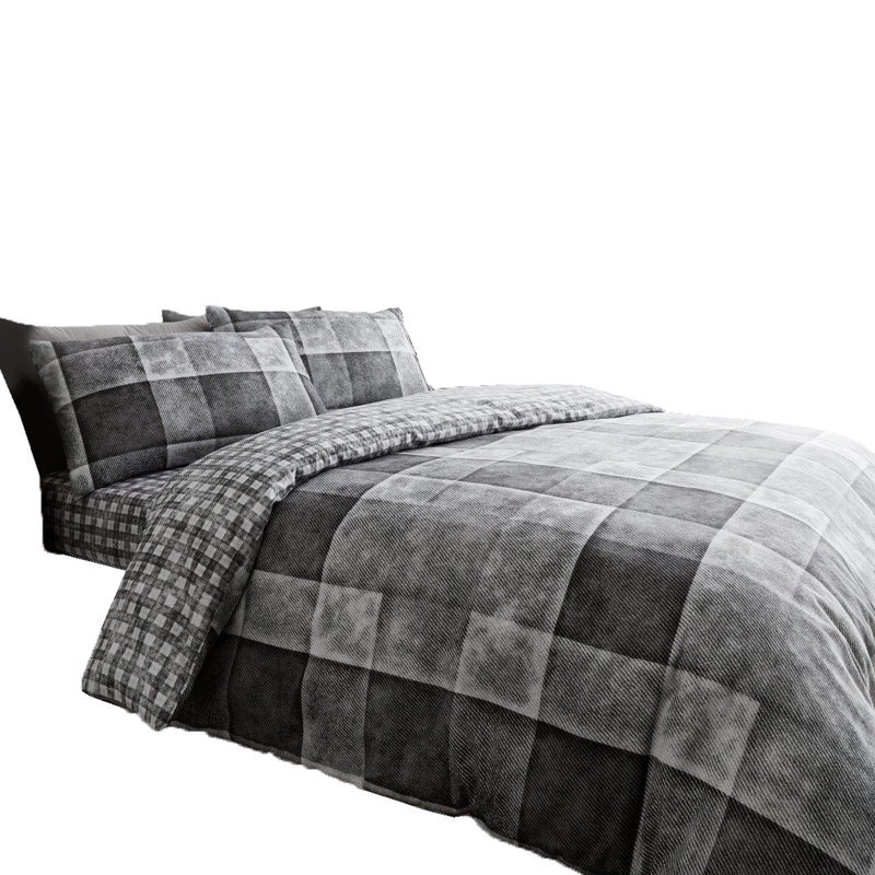 Modern Check Pattern Polycotton Duvet Cover and Pillowcase Set - Machine Washable, Double, Grey