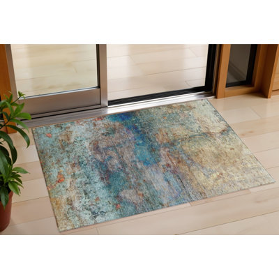 Tapis extérieur lavable abstrait bleu sarcelle 3 pi x 5 pi bleu orange et beige