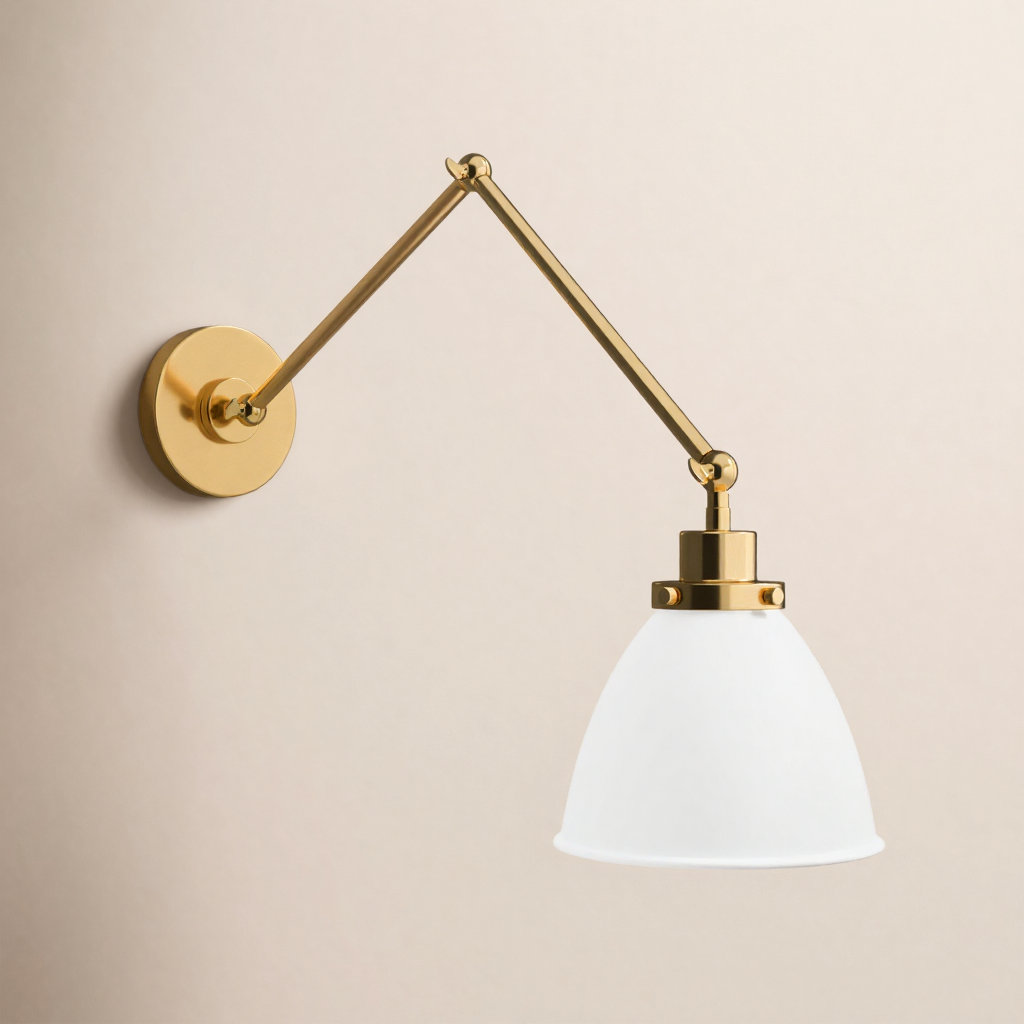 Single Light Dimmable Armed Sconce, Burnished Brass, Matte White
