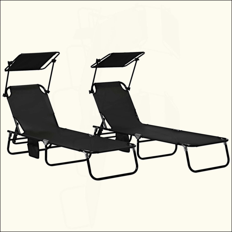 Folding Chaise Lounge Pool Chairs, Outdoor Sun Tanning Chairs With Canopy Shade, Reclining Back, Steel Frame And Side Pocket For Beach, Yard, Patio
