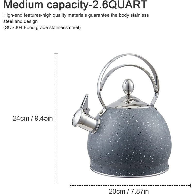 Creative Home 2,5 pte Théière en acier inoxydable avec sifflet avec fond en aluminium pour une eau bouillante, pour un comptoir à induction, gris opaque avec moucheté