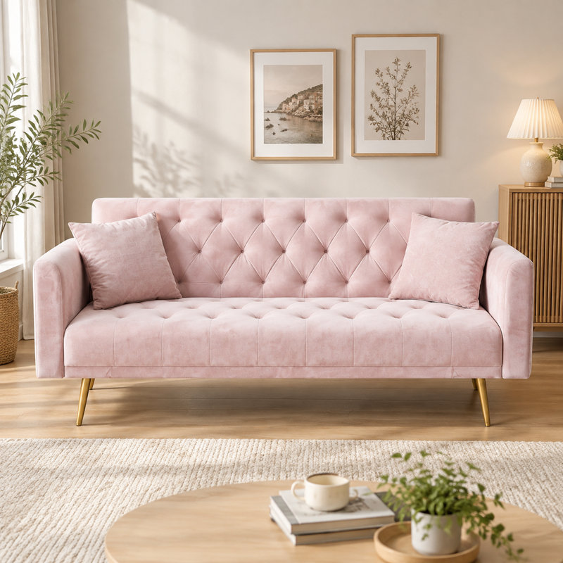 Canapé convertible en velours rose, design rétro 71,03 pouces pour petit salon, chambre à coucher, bureau