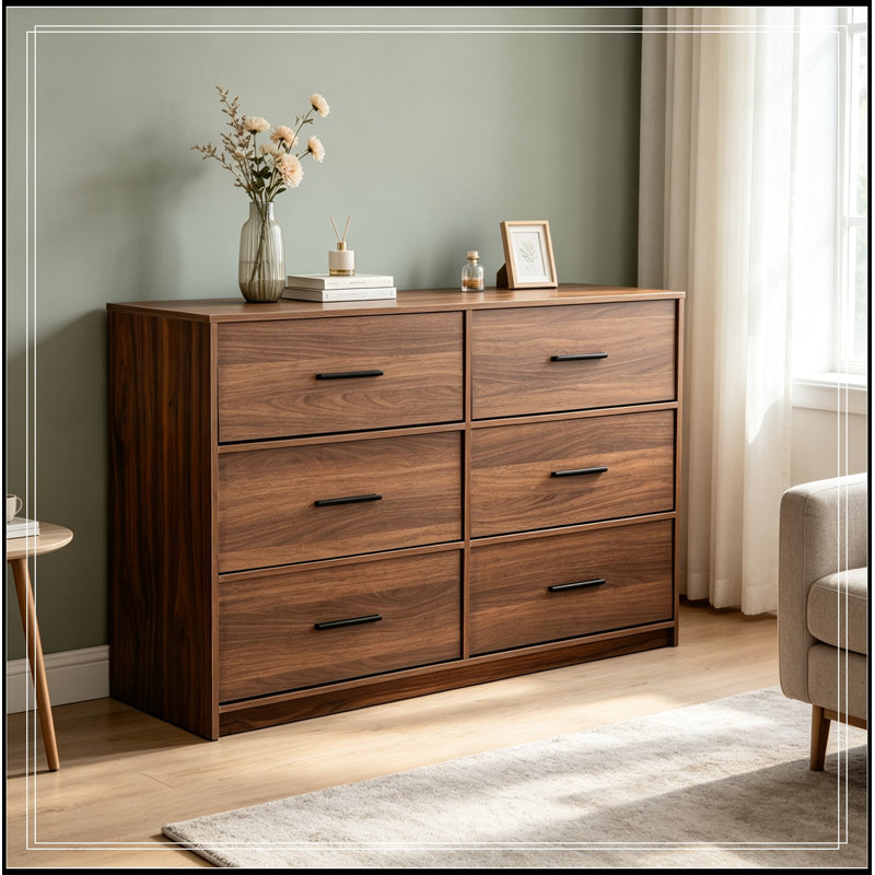 Commode d'appoint en bois avec 6 tiroirs et poignées en métal, Noyer