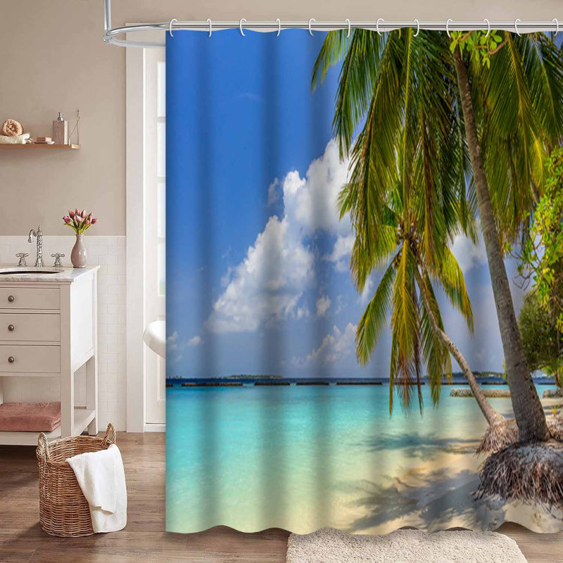 Plage tropicale, ciel bleu, palmiers, belle côte de noix de coco avec 12 crochets, L 72 po x l 78 po