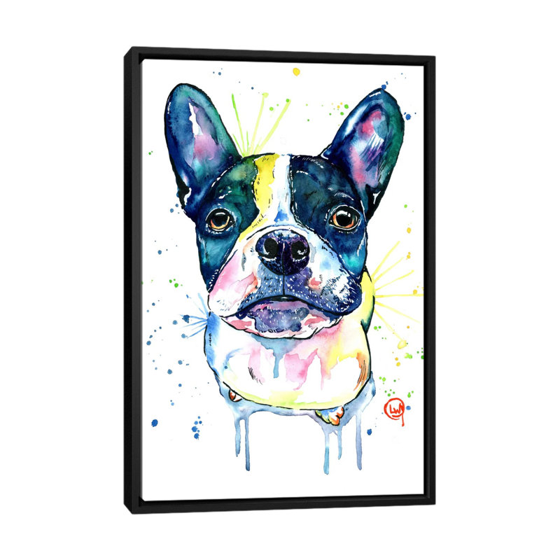 « juno the frenchton », impression sur toile tendue, H 26 po x l 18 po x P 1,5 po, Toile avec cadre noir, Pas de tapis