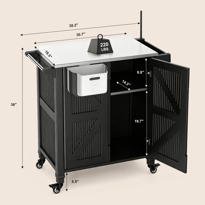 Chariot de gril d'extérieur avec armoire de rangement Aoole, chariot d'îlot de cuisine mobile 3-en-1, station de cuisson de gril d'extérieur avec comptoir en acier inoxydable, roulettes et tables d'appoint pliantes pour patio