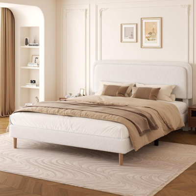 King Size Boucle Upholstered Platform Bed Frame with Adjustable Headboard, Soft Cloud Bed, No Box Spring Needed, Noise Free, Easy Assembly, White