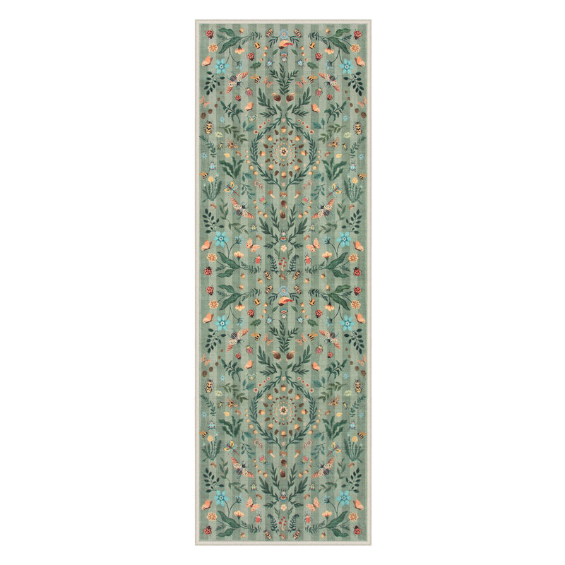 Insect and Plant Vertical Striped Textured Washable Area Rug - Nature-Inspired Carpet for Living Room, Bedroom, or Office