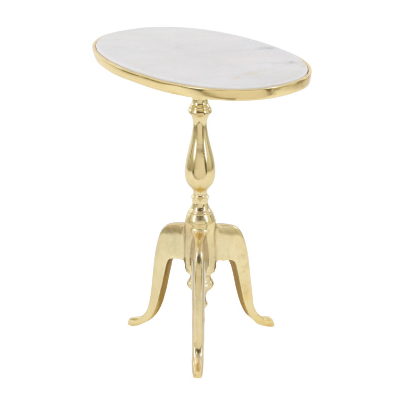 Masham Aluminum Metal Turned Oval Side End Gold Accent Table with Marble Top and Scroll Legs, Gray