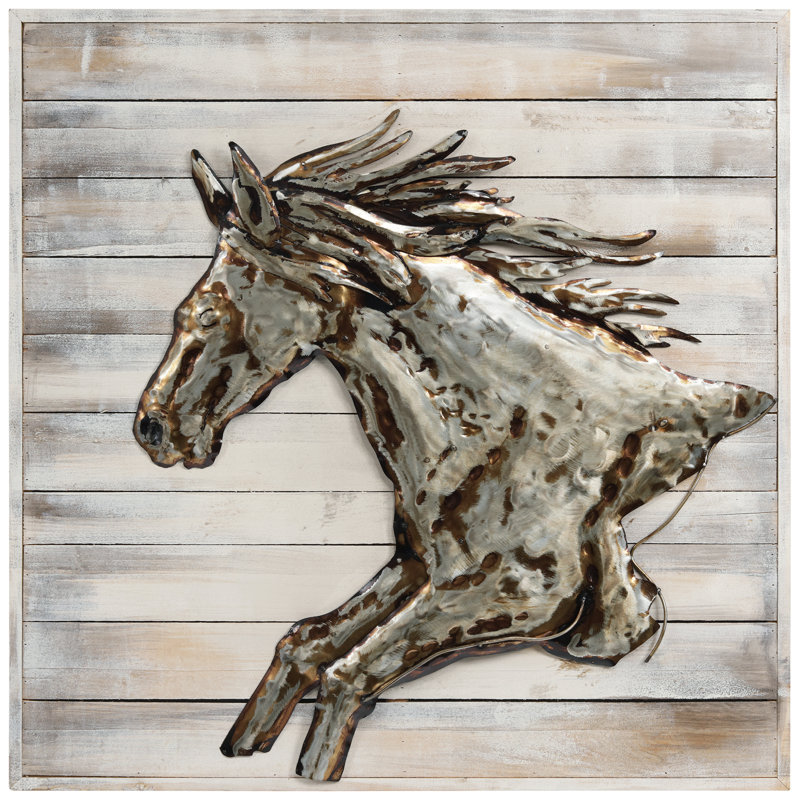 Golden Horse - Sculpture en métal sans cadre sur bois