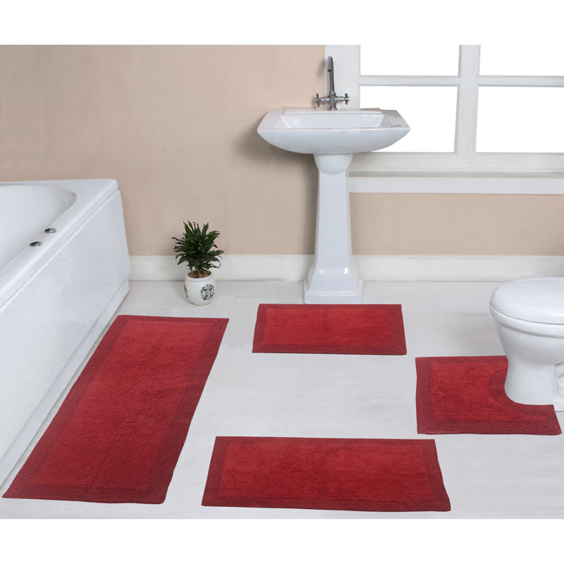 Bruss Luxury 100% Cotton Bath Rug (Set of 4) Reversible, Red