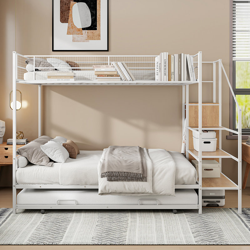Lit superposé en métal avec lit gigogne, échelle de rangement latérale et garde-robe, Blanc