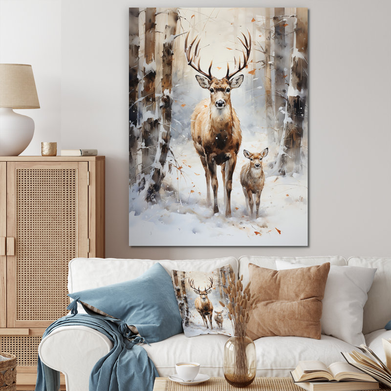 Famille de cerfs au pays des merveilles hivernales - Art mural de chevreuil pour le salon, H 32 po x l 16 po x P 1 po