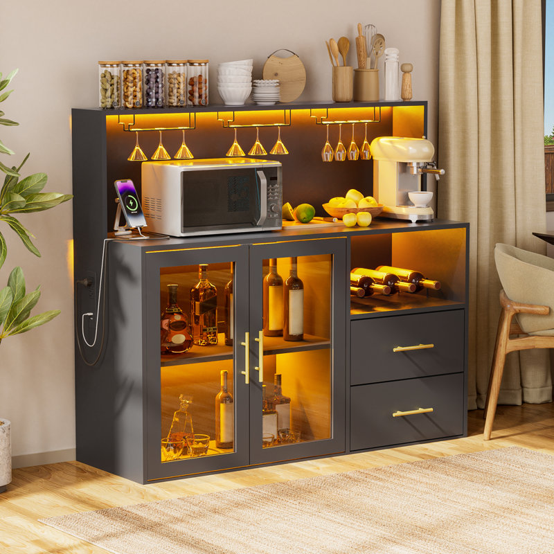 Wine Bar Cabinet with RGB Light, Liquor Cabinet with Wine Rack and Glass Holder, Coffee Bar Cabinets with USB Power Outlet, Wine Cabinets with Drawers for Home, Kitchen, Living Room