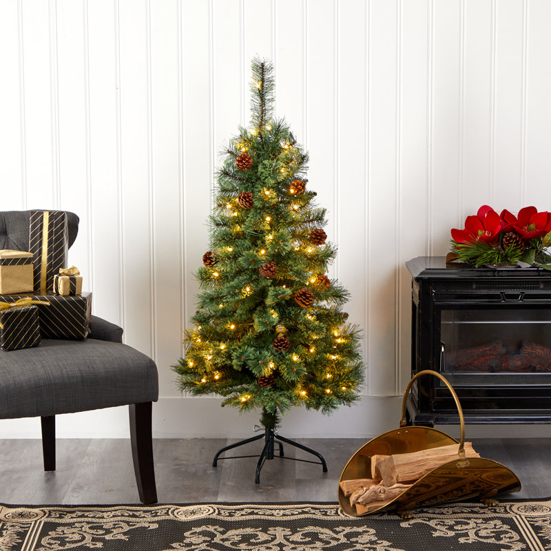 Arbre de Noël vert avec plumes de pin et DEL, H 4 pi