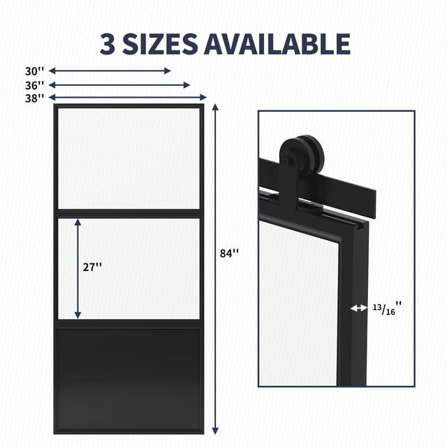 Black Aluminum and Frosted Glass Sliding Barn Door with Hardware Kit